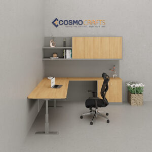 Modern office desk with shelving unit
